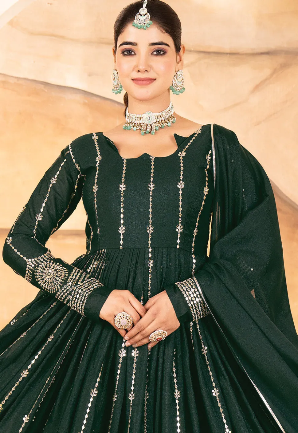 Embroidered Georgette A Line Suit in Dark Green