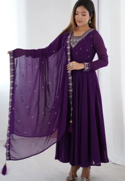 Embroidered Georgette A Line Suit in Purple