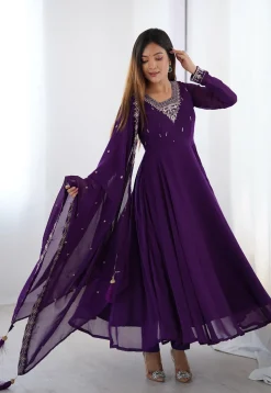 Embroidered Georgette A Line Suit in Purple