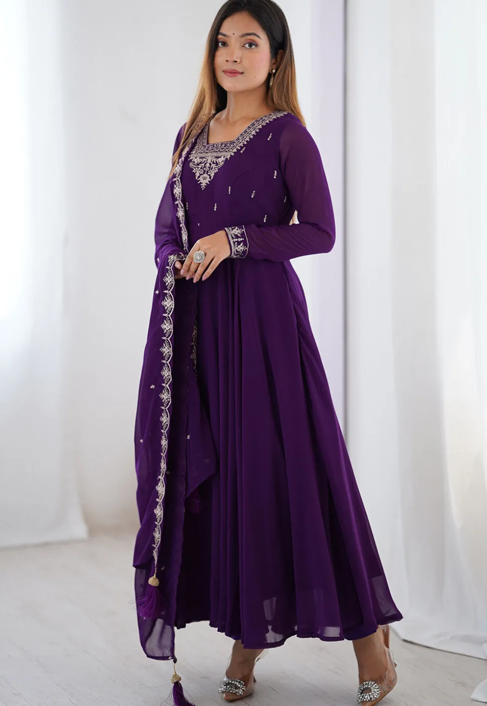 Embroidered Georgette A Line Suit in Purple