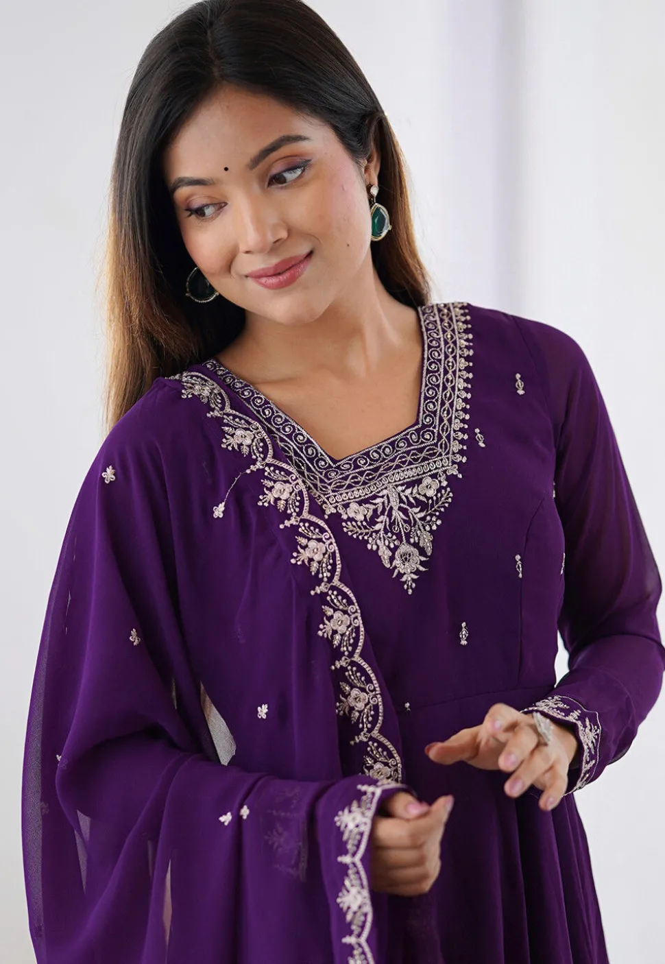 Embroidered Georgette A Line Suit in Purple