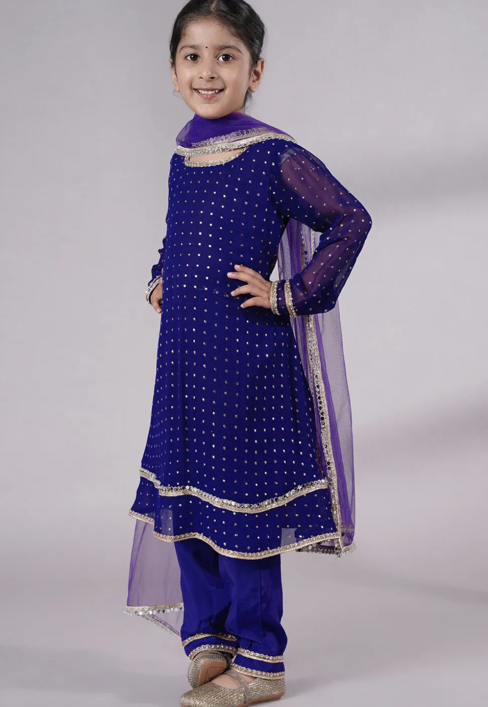 Embroidered Georgette A Line Suit in Royal Blue