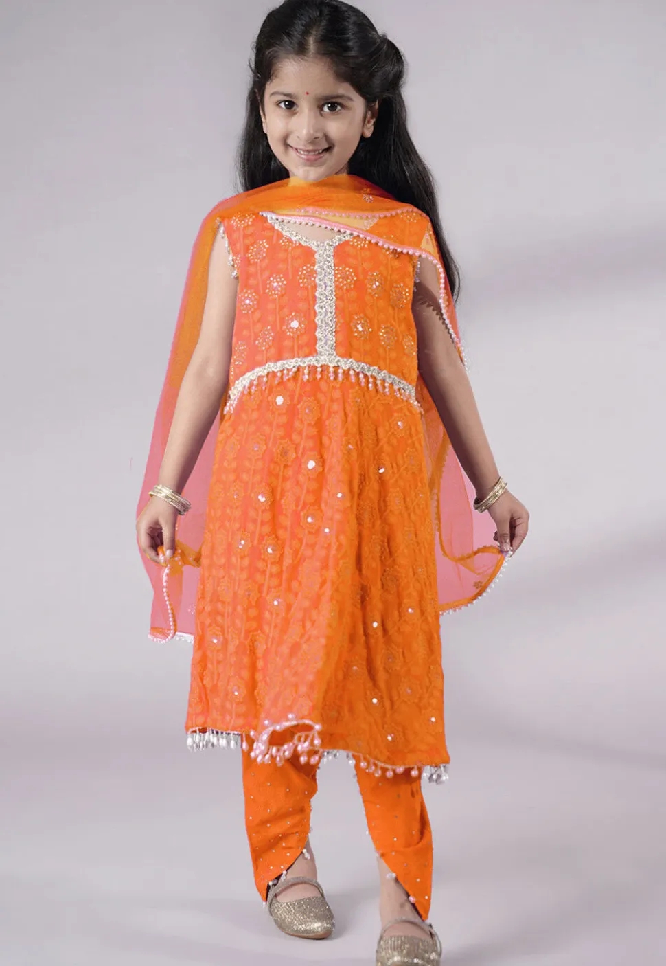 Embroidered Georgette A Line Suit in Orange