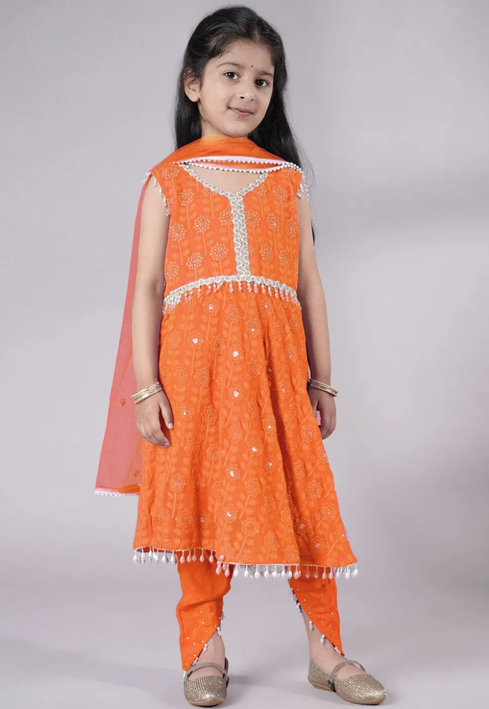 Embroidered Georgette A Line Suit in Orange