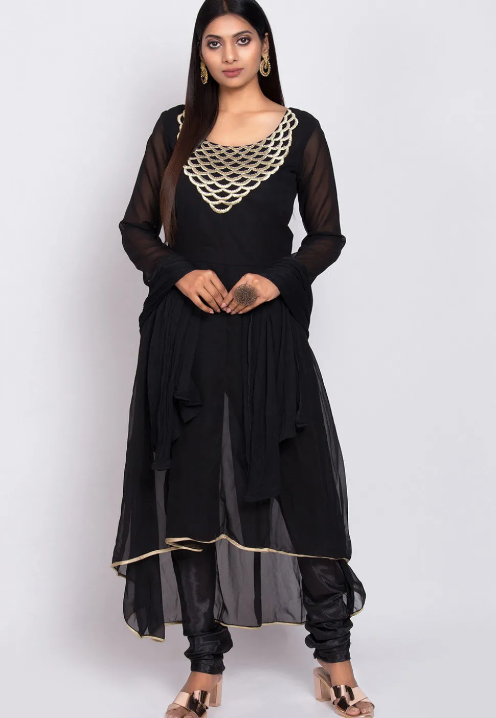 Embroidered Georgette A Line Suit in Black