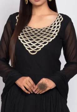 Embroidered Georgette A Line Suit in Black