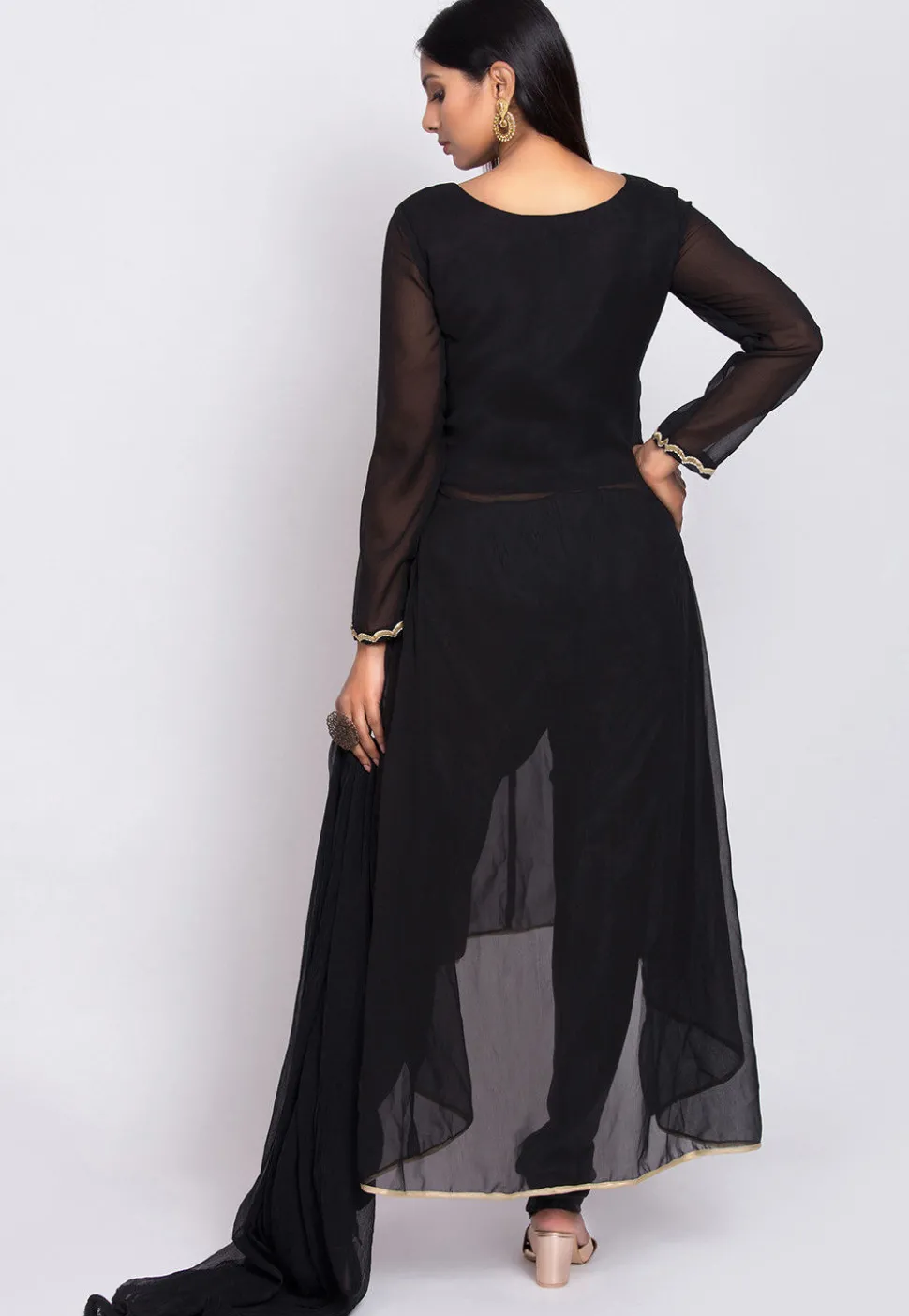 Embroidered Georgette A Line Suit in Black