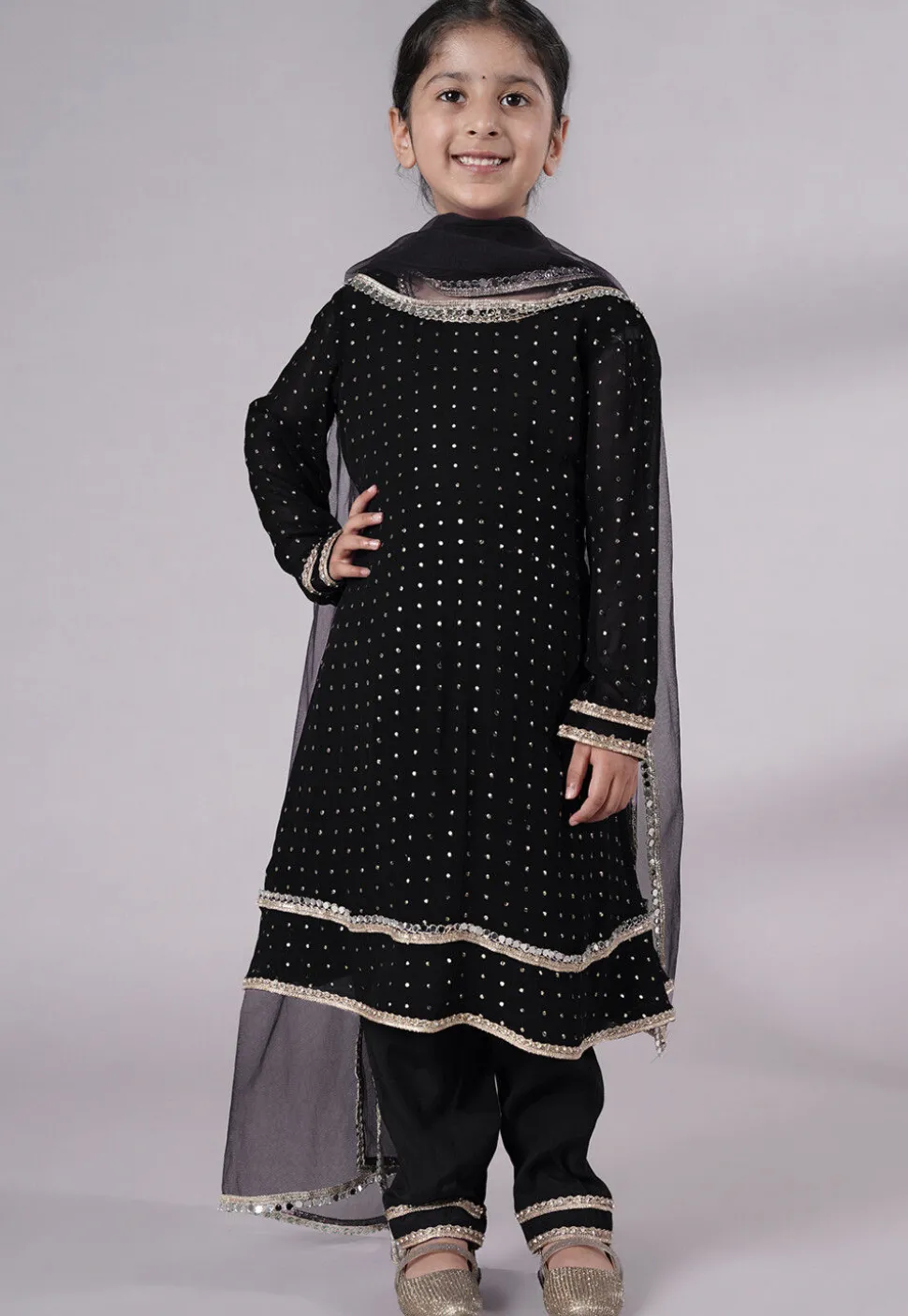 Embroidered Georgette A Line Suit in Black