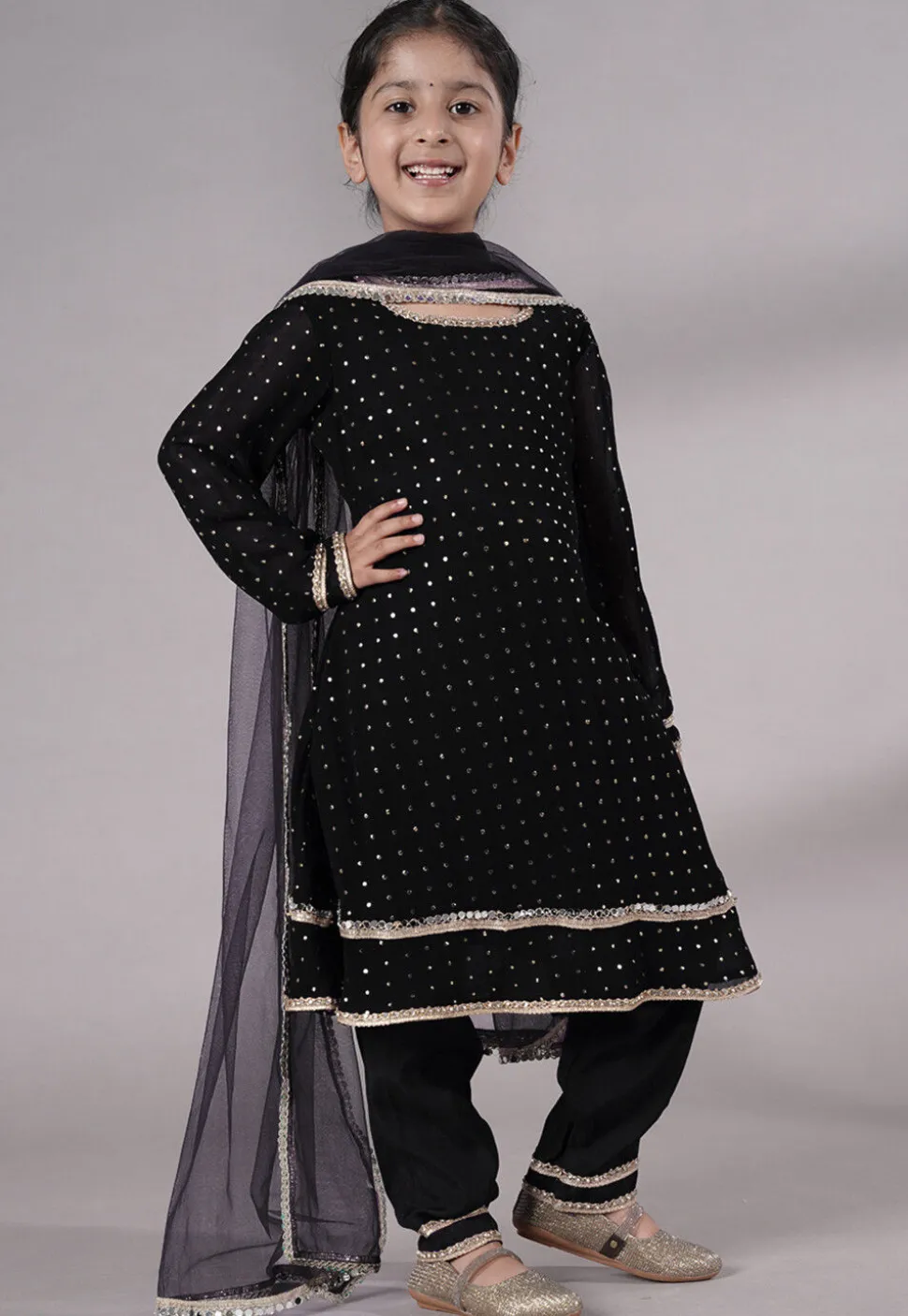 Embroidered Georgette A Line Suit in Black