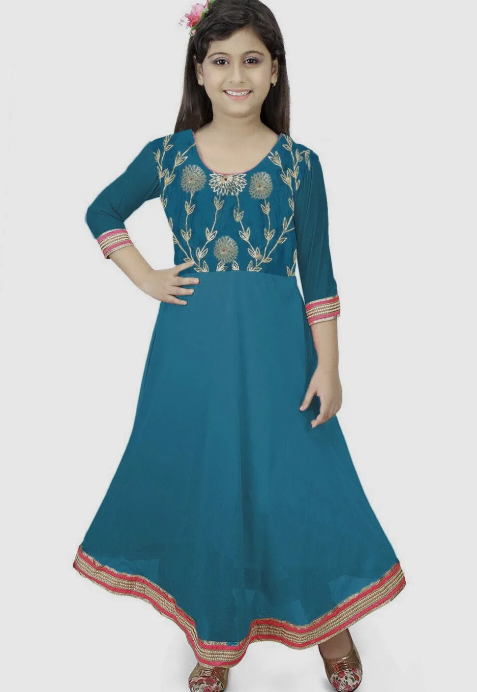 Embroidered Georgette A Line Kurta Set in Teal Blue