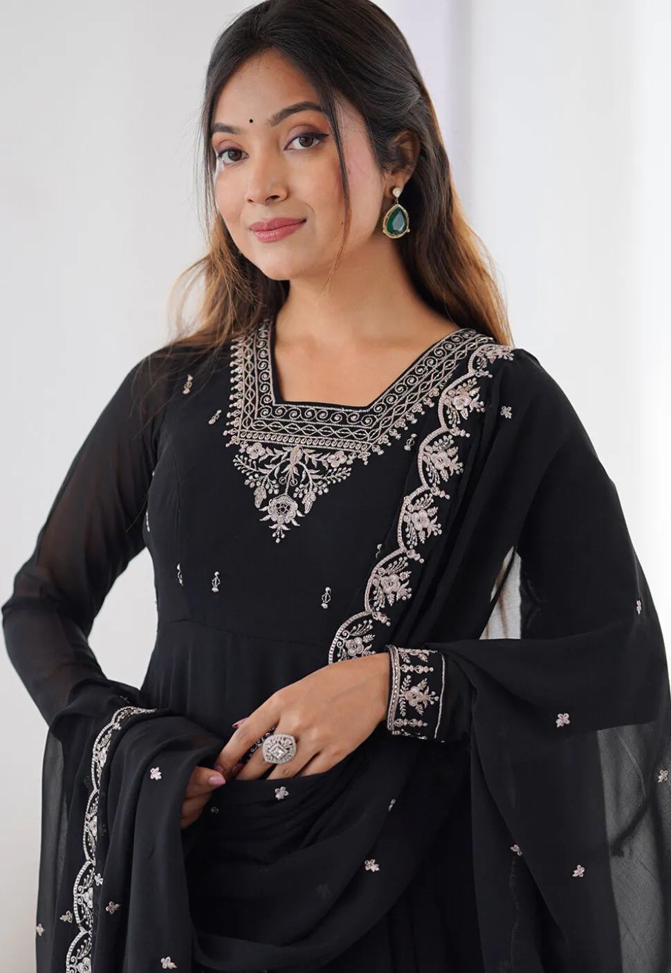 Embroidered Georgette A Line Suit in Black