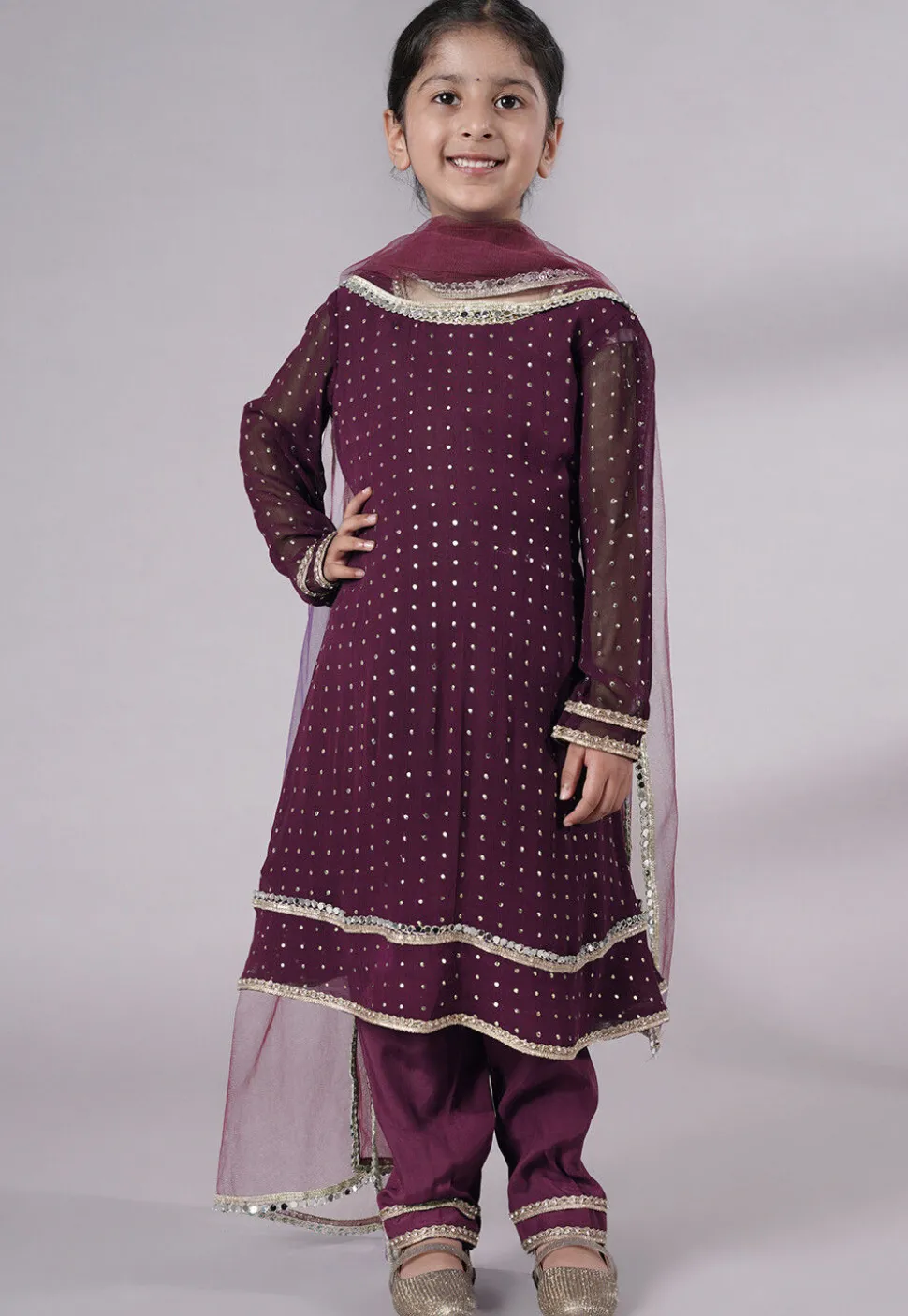 Embroidered Georgette A Line Suit in Wine