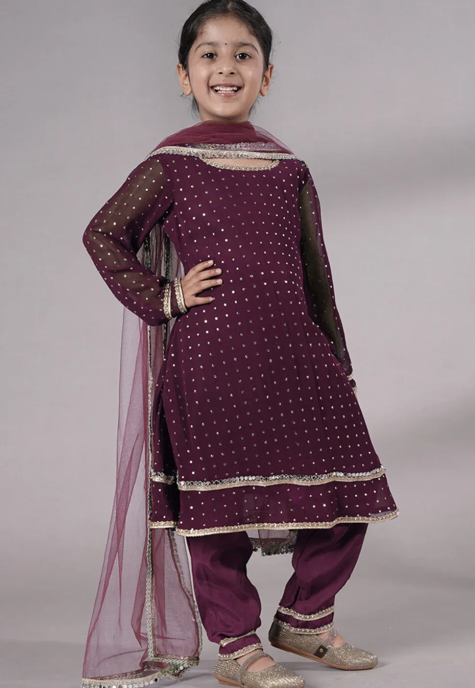 Embroidered Georgette A Line Suit in Wine