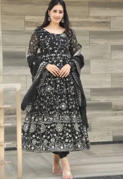 Embroidered Georgette A Line Suit in Black