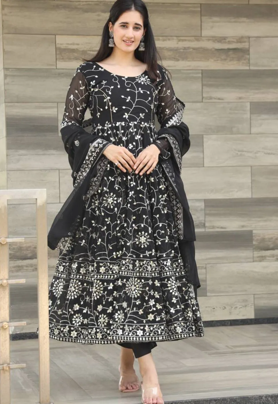 Embroidered Georgette A Line Suit in Black