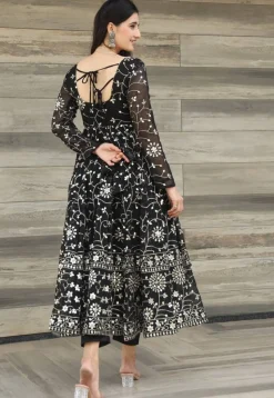 Embroidered Georgette A Line Suit in Black