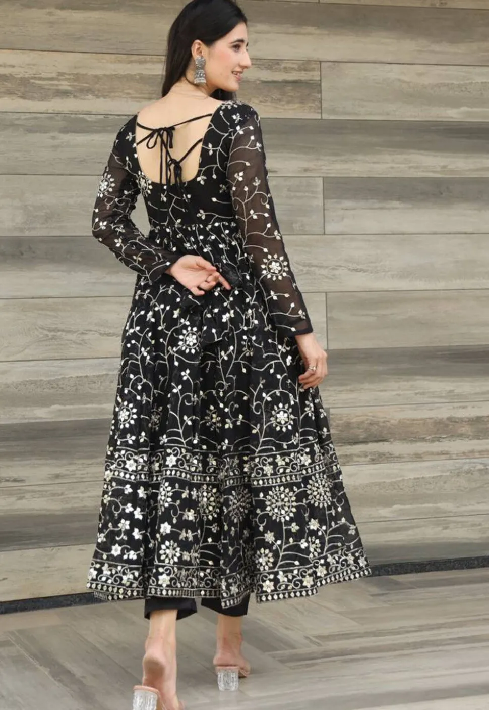 Embroidered Georgette A Line Suit in Black