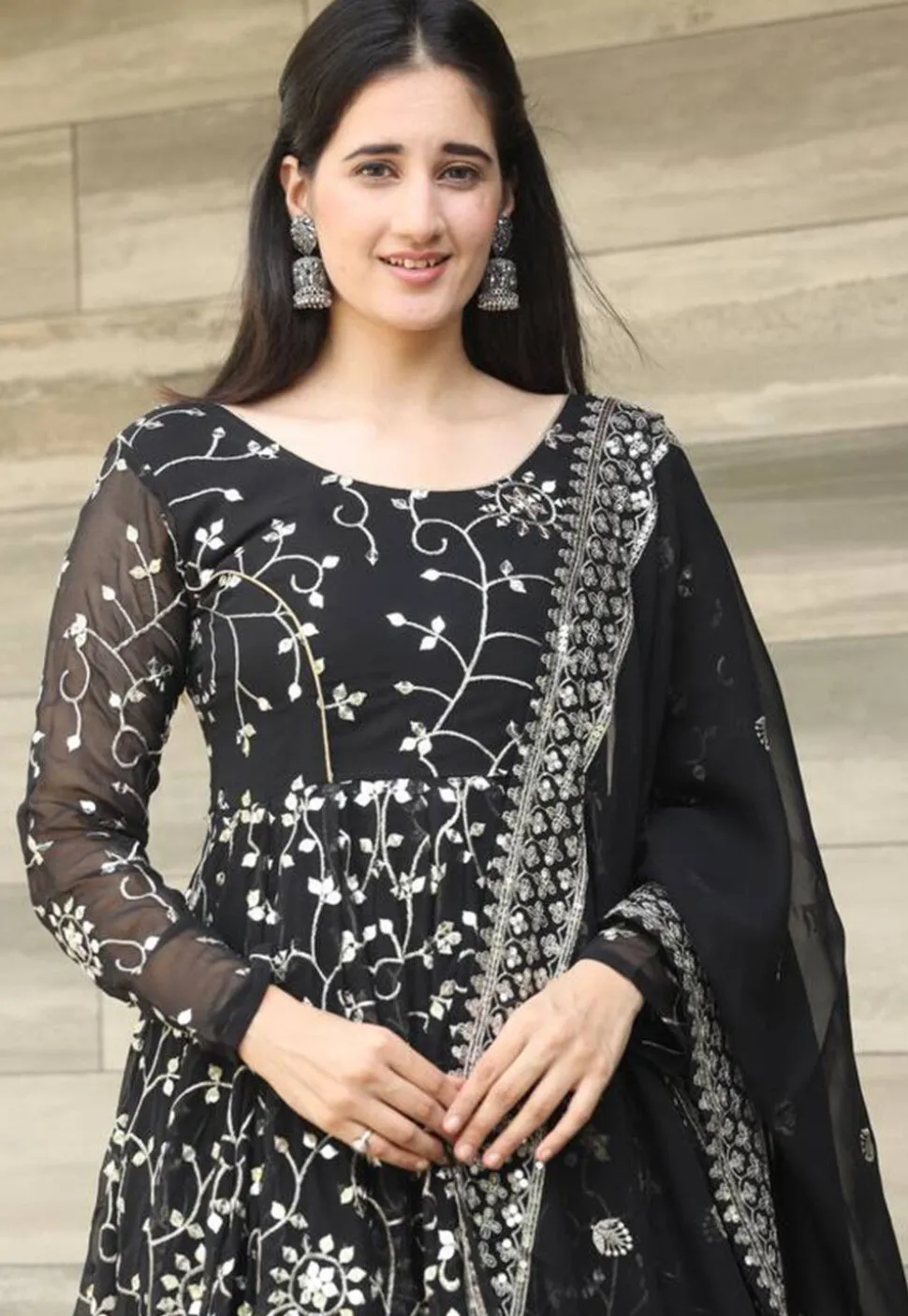 Embroidered Georgette A Line Suit in Black