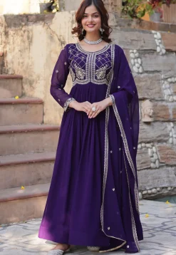 Embroidered Georgette Abaya Style Suit in Purple