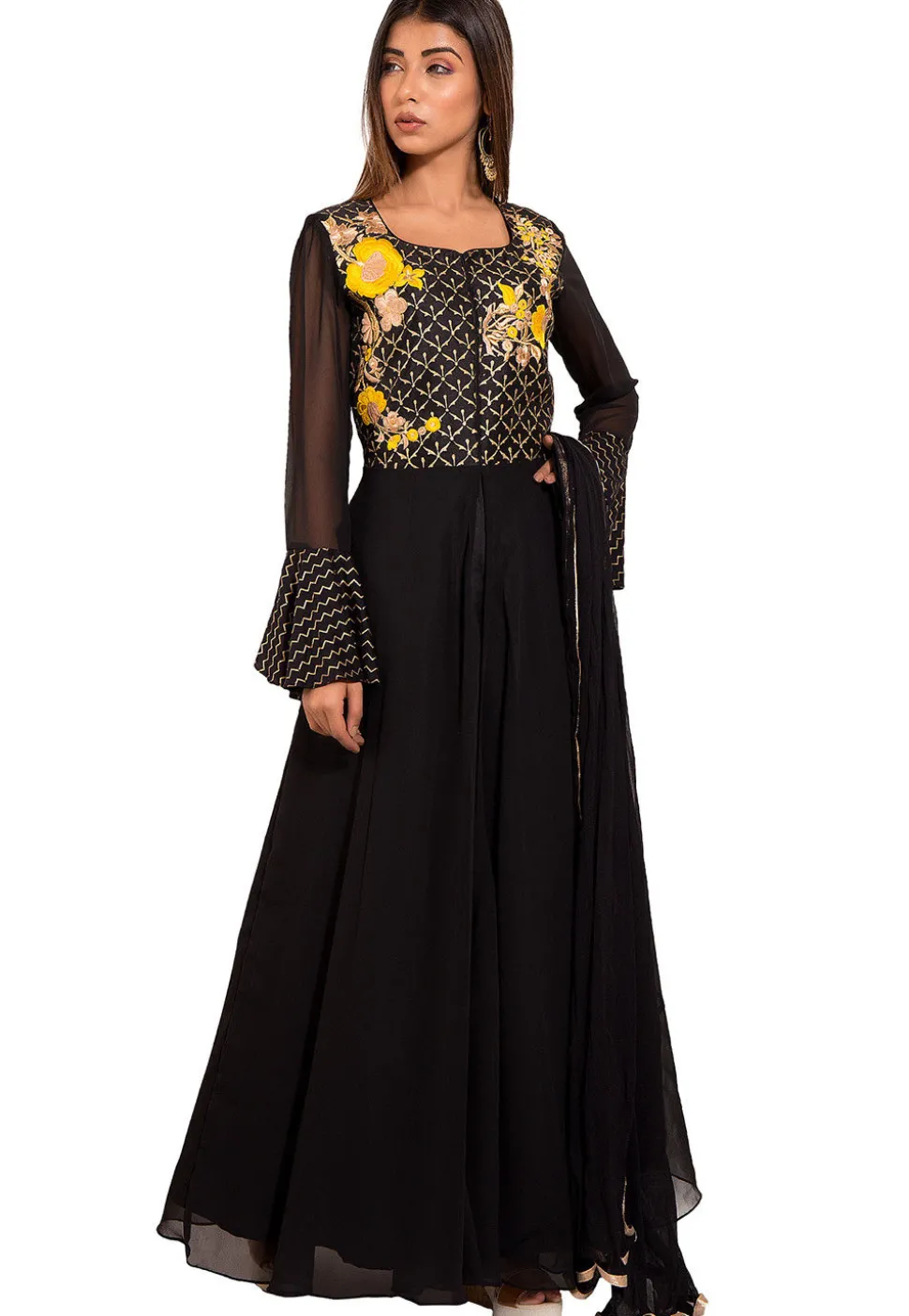 Embroidered Georgette Abaya Style Suit in Black