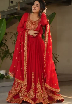 Embroidered Georgette Abaya Style Suit in Red