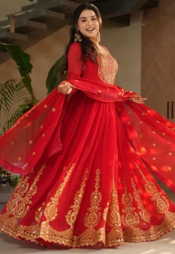 Embroidered Georgette Abaya Style Suit in Red