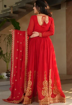 Embroidered Georgette Abaya Style Suit in Red