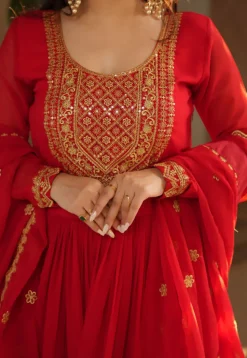 Embroidered Georgette Abaya Style Suit in Red