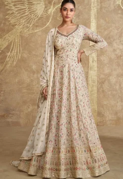 Embroidered Georgette Abaya Style Suit in Beige