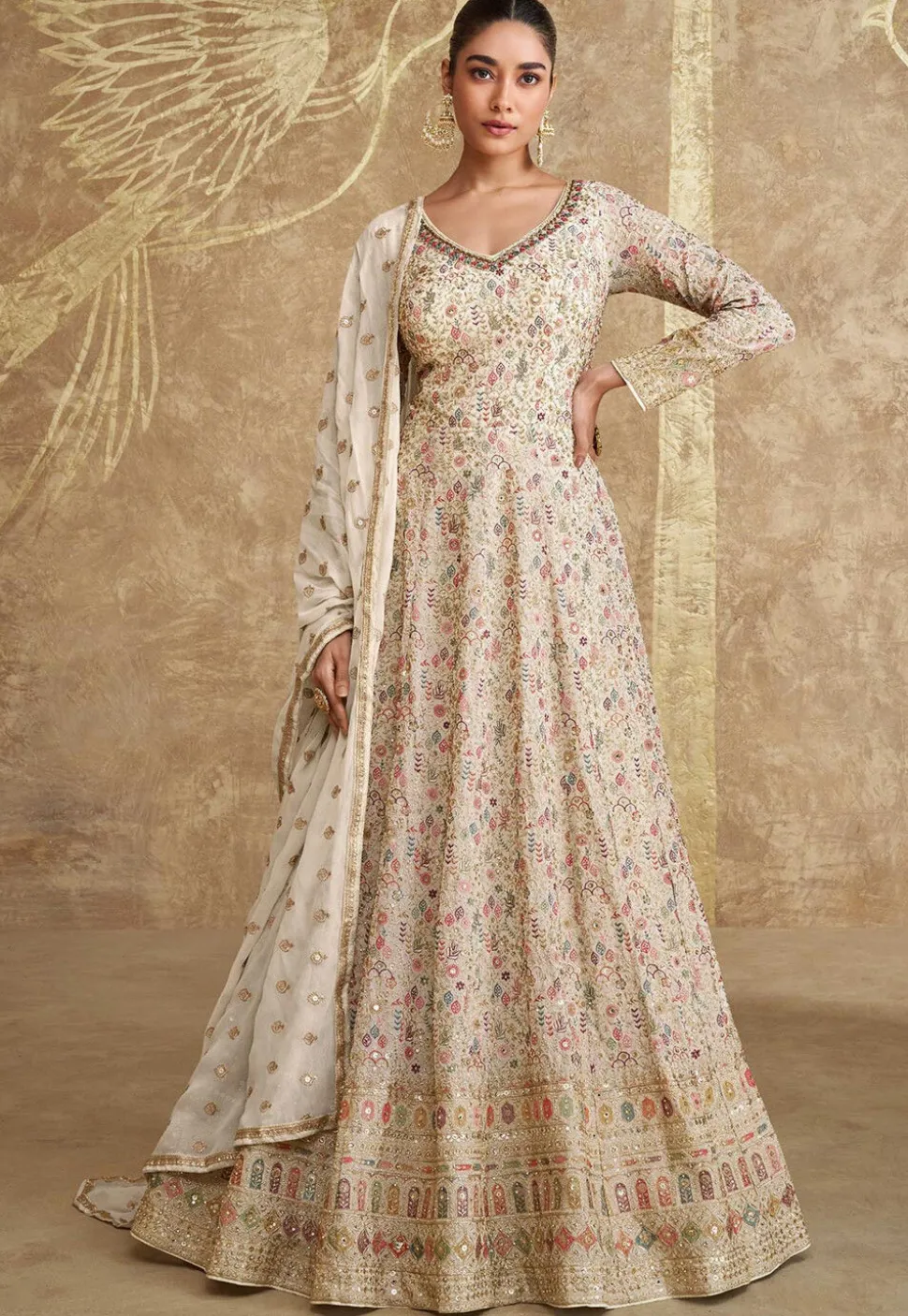 Embroidered Georgette Abaya Style Suit in Beige