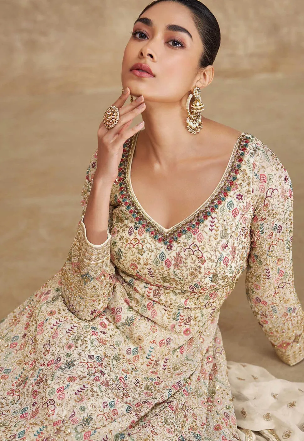Embroidered Georgette Abaya Style Suit in Beige