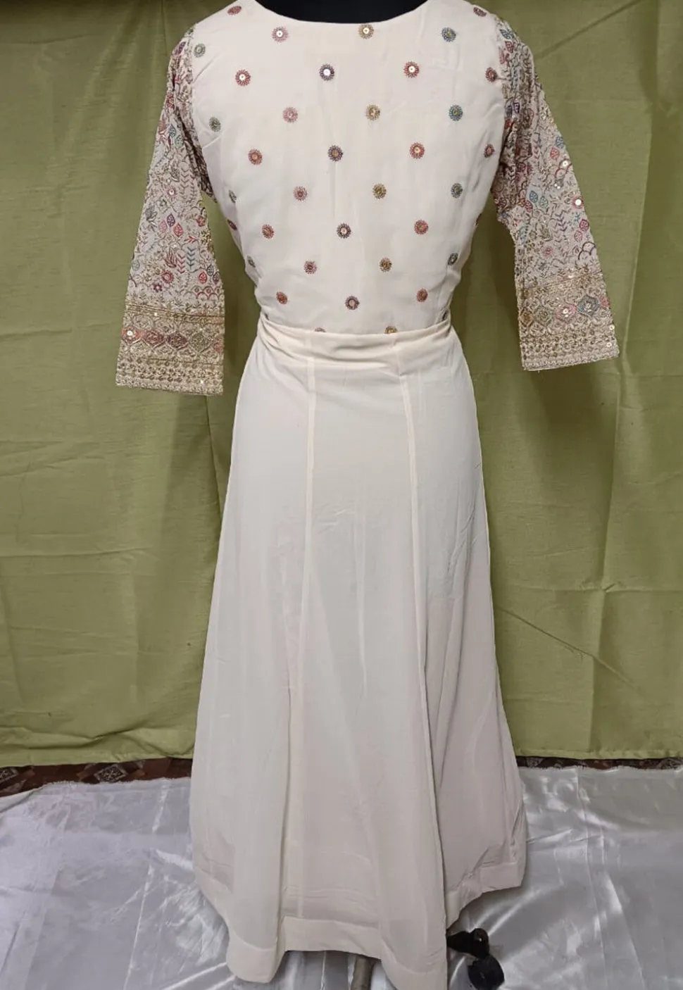 Embroidered Georgette Abaya Style Suit in Beige