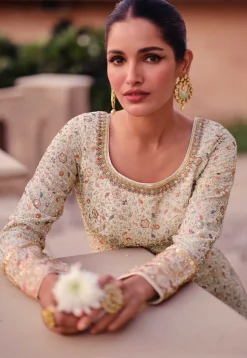 Embroidered Georgette Abaya Style Suit in Light Beige