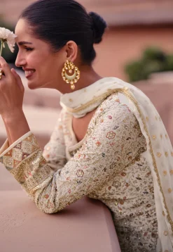Embroidered Georgette Abaya Style Suit in Light Beige