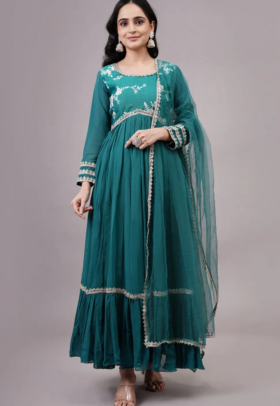 Embroidered Georgette Abaya Style Suit in Teal Blue