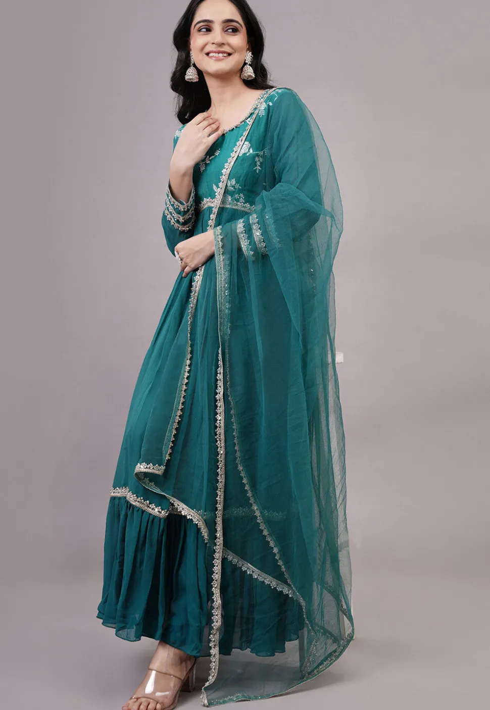 Embroidered Georgette Abaya Style Suit in Teal Blue