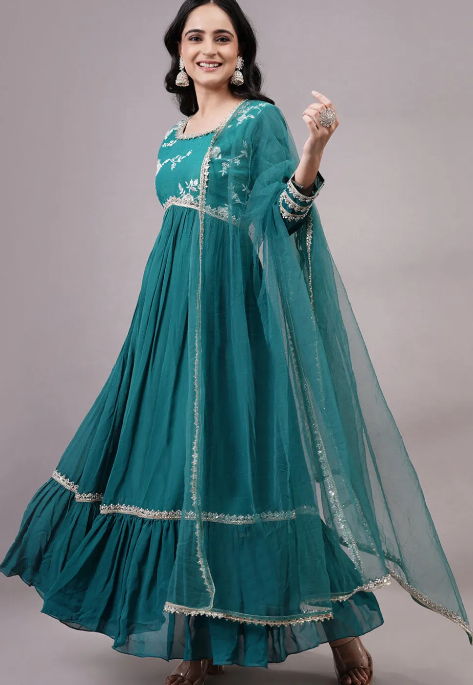 Embroidered Georgette Abaya Style Suit in Teal Blue