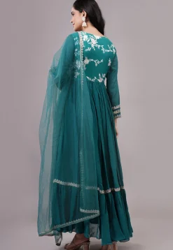 Embroidered Georgette Abaya Style Suit in Teal Blue