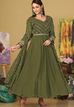 Embroidered Georgette Abaya Style Suit in Olive Green
