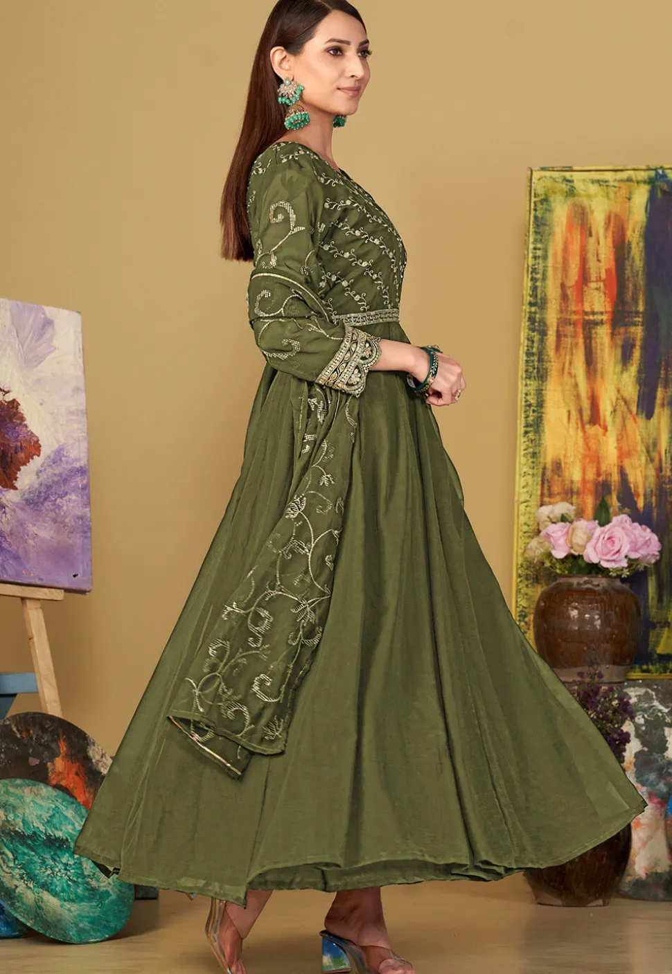 Embroidered Georgette Abaya Style Suit in Olive Green