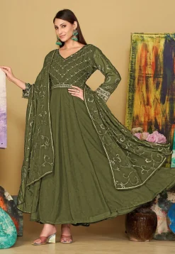 Embroidered Georgette Abaya Style Suit in Olive Green