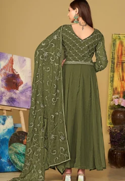 Embroidered Georgette Abaya Style Suit in Olive Green