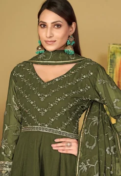 Embroidered Georgette Abaya Style Suit in Olive Green
