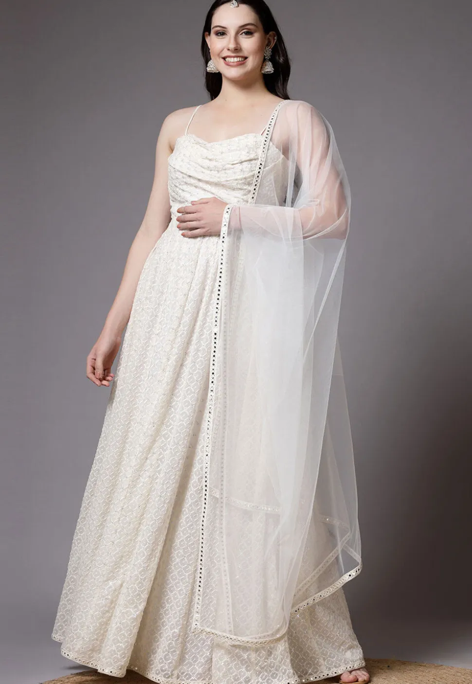 Embroidered Georgette Abaya Style Suit in Off White