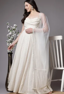 Embroidered Georgette Abaya Style Suit in Off White