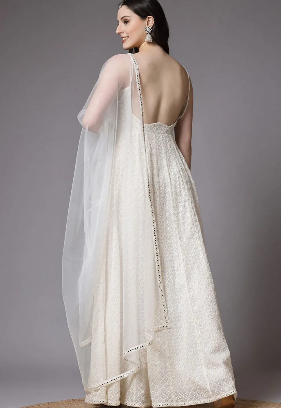 Embroidered Georgette Abaya Style Suit in Off White