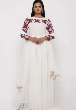 Embroidered Georgette Abaya Style Suit in White