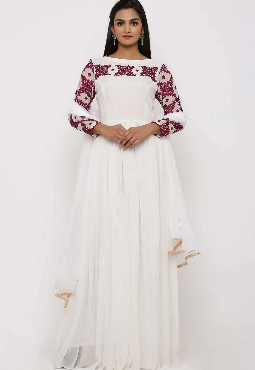 Embroidered Georgette Abaya Style Suit in White