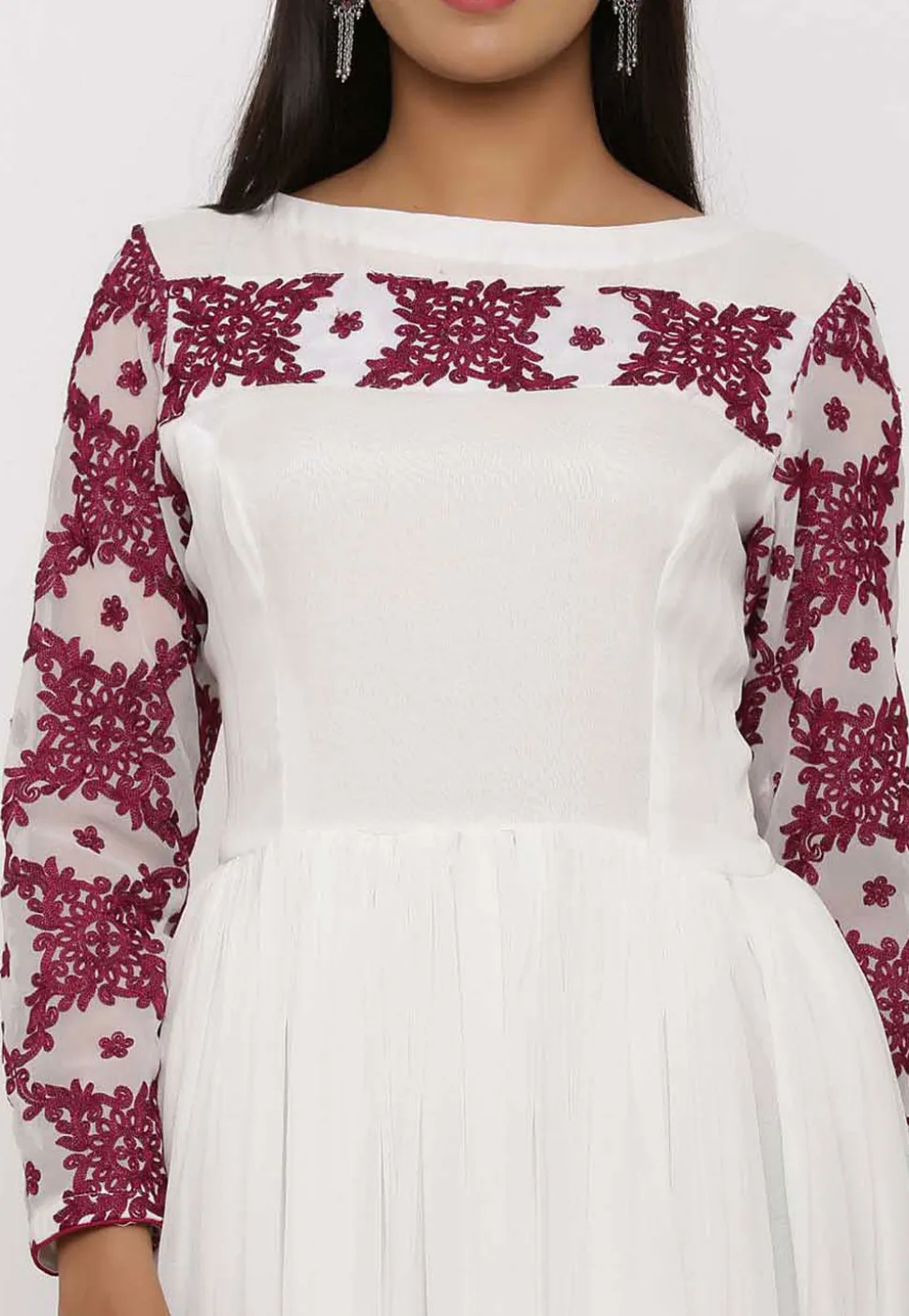 Embroidered Georgette Abaya Style Suit in White