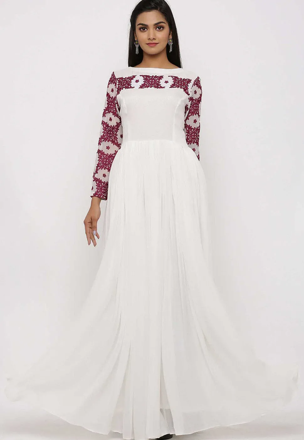Embroidered Georgette Abaya Style Suit in White